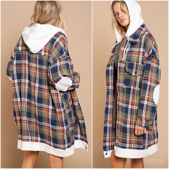 POL Long Plaid Hooded Shirt Jacket - Picture 8 of 13